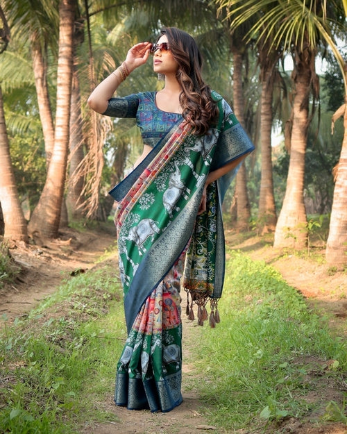 Multicolored Digital Print Tussar Silk Saree with Intricate Zari