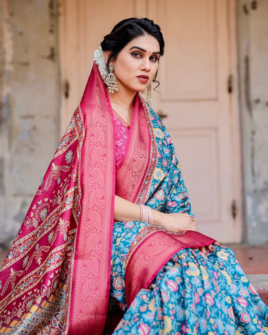 Teal Blue and Coral Tussar Silk Saree with Vibrant Floral Motifs and
