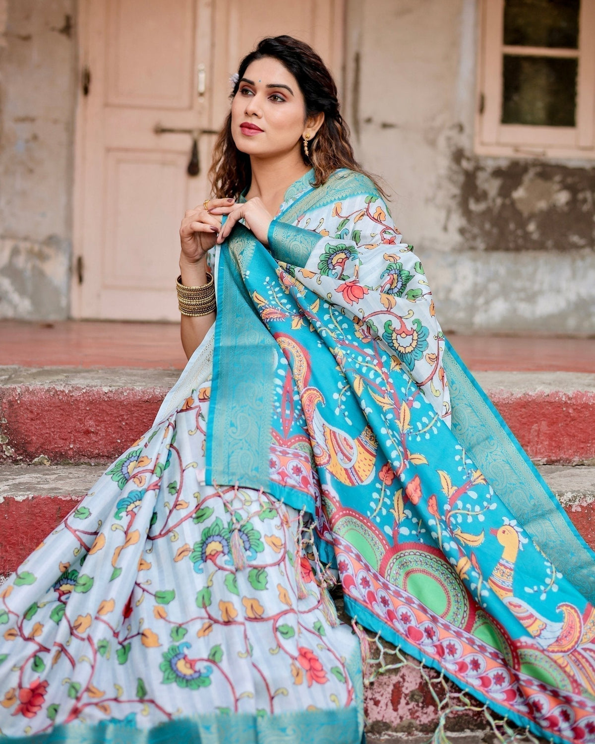 Sky Blue Tussar Silk Saree with Multicolor Floral Design and Zari