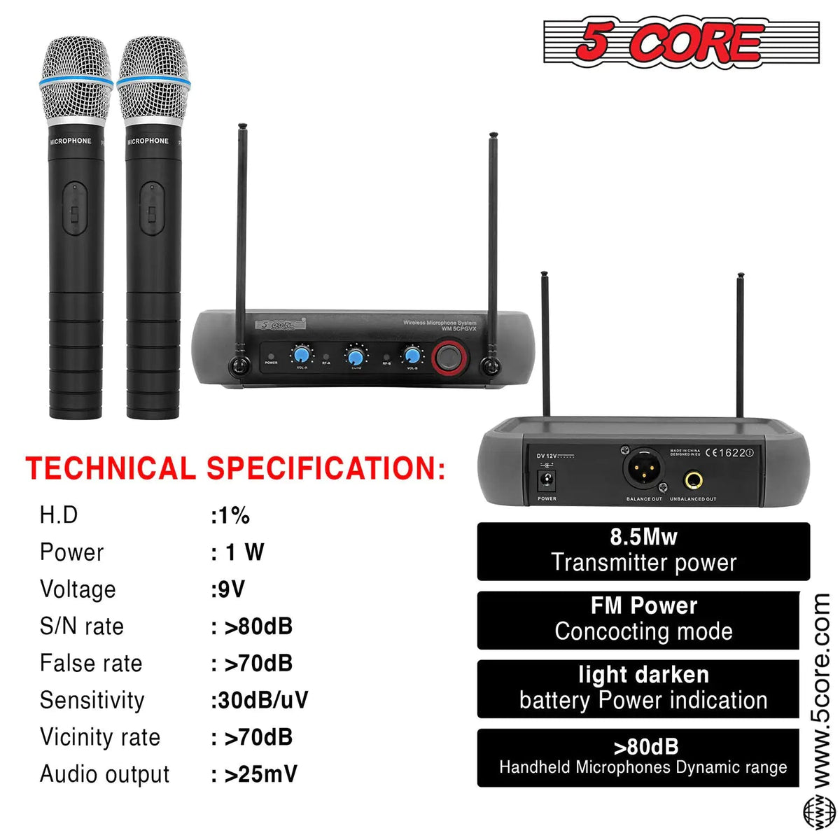 5Core Professional Wireless Microphone VHF Fixed Frequency Microfono