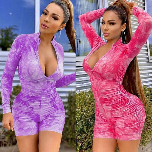Women Long Sleeve Rompers Fashion Tie Dye Jumpsuits Sexy Deep V
