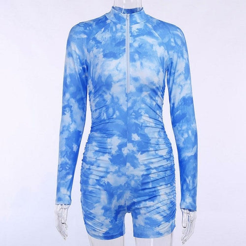 Women Long Sleeve Rompers Fashion Tie Dye Jumpsuits Sexy Deep V