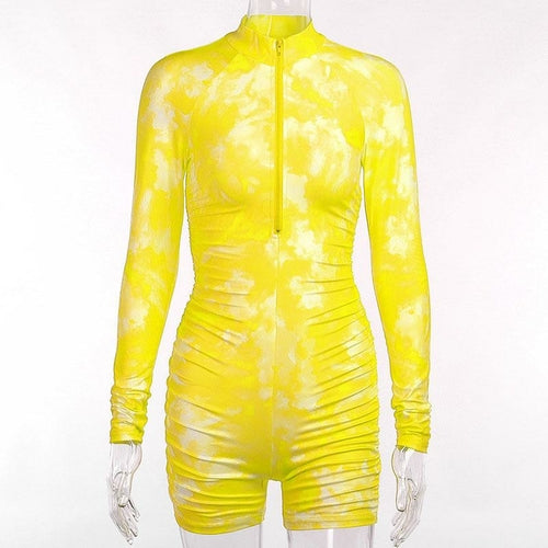 Women Long Sleeve Rompers Fashion Tie Dye Jumpsuits Sexy Deep V