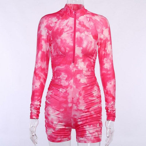 Women Long Sleeve Rompers Fashion Tie Dye Jumpsuits Sexy Deep V