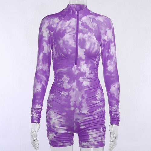 Women Long Sleeve Rompers Fashion Tie Dye Jumpsuits Sexy Deep V