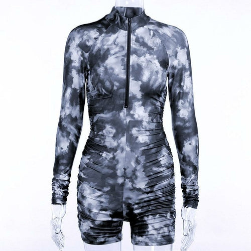 Women Long Sleeve Rompers Fashion Tie Dye Jumpsuits Sexy Deep V
