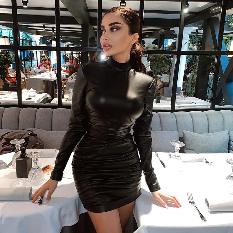 Long Sleeve Ruched Bodycon Dress For Women O Neck Sexy Skinny Mini