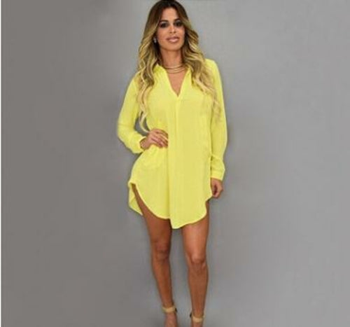 Summer Sexy V Neck Short Beach Dress Chiffon White Mini Loose Casual T