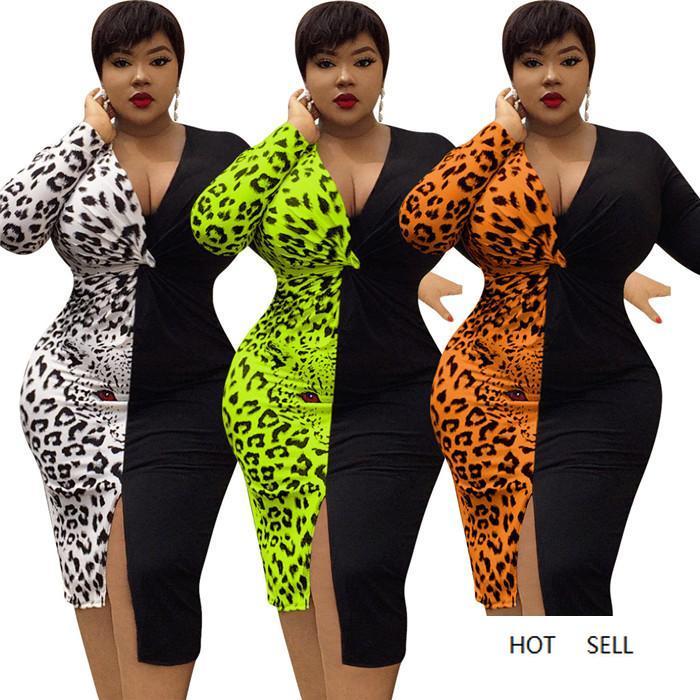 Leopard Patchwork Sexy Womens Dresses V Neck Long Sleeve Split Bodycon