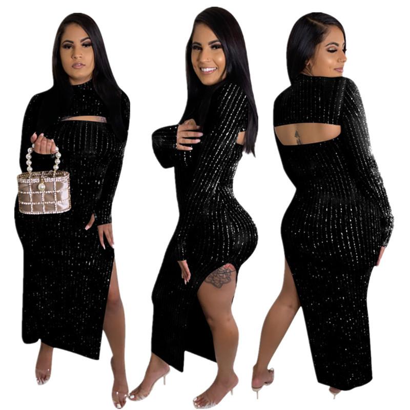 Sexy Women Casual Dresses Spring Autumn Silver Silk O-Neck Long Sleeve