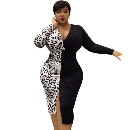 Leopard Patchwork Sexy Womens Dresses V Neck Long Sleeve Split Bodycon