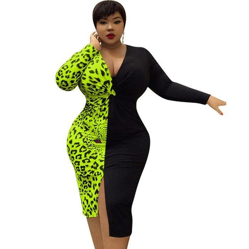 Leopard Patchwork Sexy Womens Dresses V Neck Long Sleeve Split Bodycon