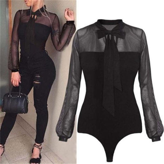 Fashion Women Ladies Sexy Leotard Tulle Long Sleeve Bandge Tops Thin