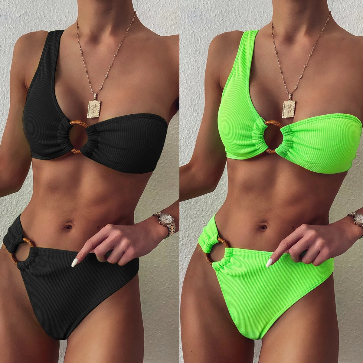 Rib Fabric Sexy Bikini 2020 One Shoulder Swimwear Women Neon Green