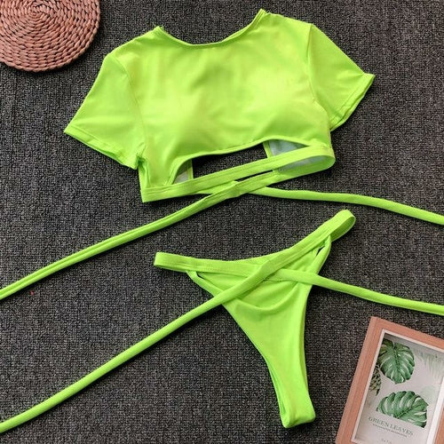 Sexy Swimwear Women Neon Bikini 2019 Mujer Knot Crop Top Bikini Set 2