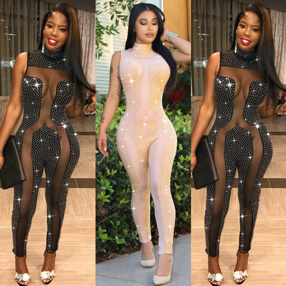 Women Sexy Rhinestone Sheer Jumpsuits Lady Dot High Neck Sleeveless