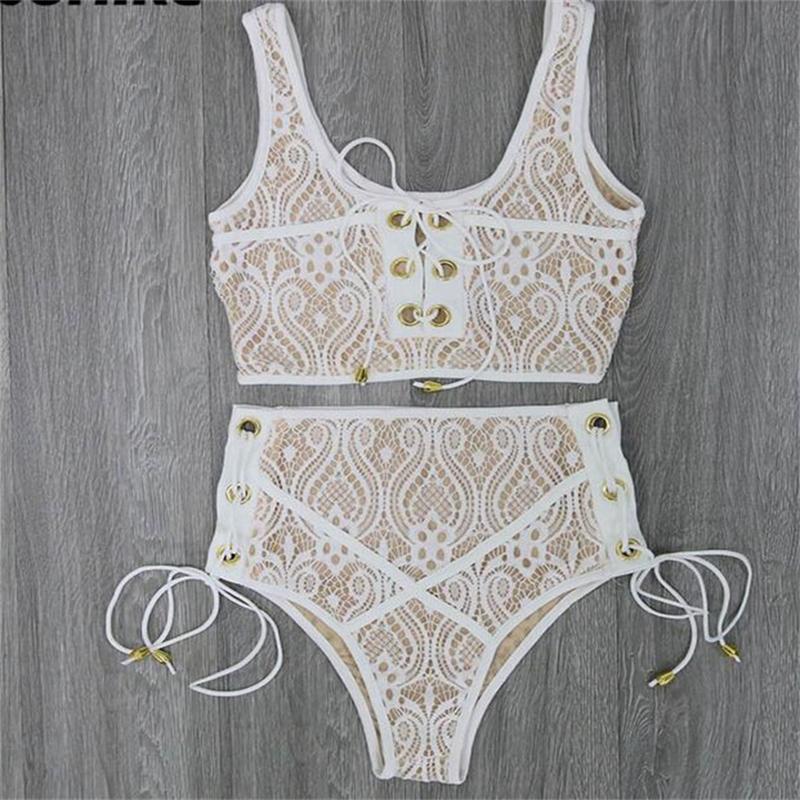 3colors Lace High Waist Swimsuit Bikini Set Summer Sexy Solid Bikinis