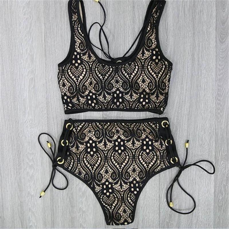 3colors Lace High Waist Swimsuit Bikini Set Summer Sexy Solid Bikinis