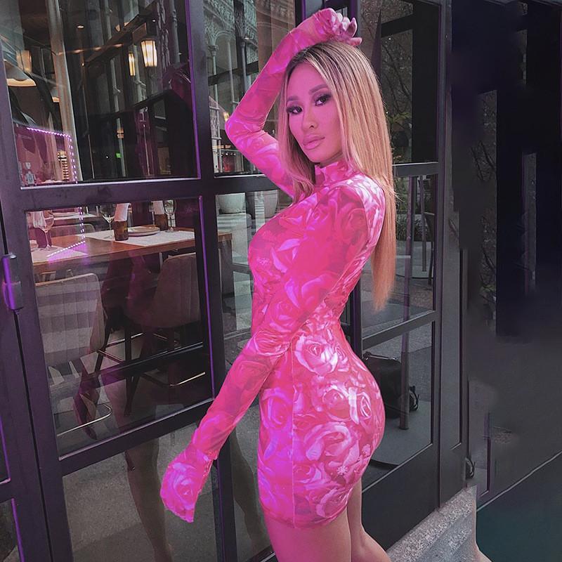 Floral Print Sexy Women Mini Dresses with Gloves Long Sleeve Party