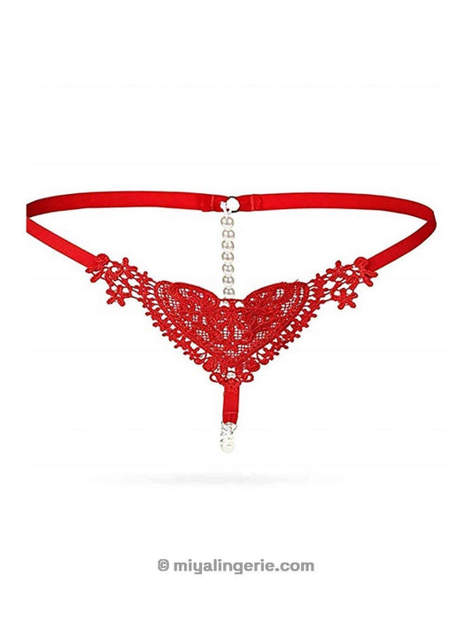 Sexy Red Love Heart Pearl Thong Lace Panty