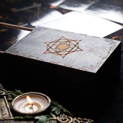 Wooden Tarot Card Box - Engraved Sun and Stars