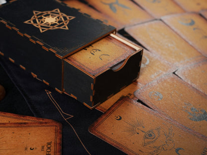 Wooden Tarot Card Box - Engraved Sun and Stars