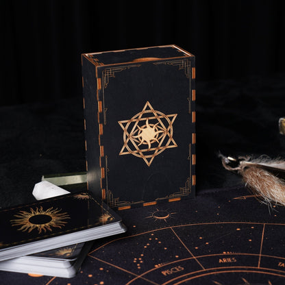 Wooden Tarot Card Box - Engraved Sun and Stars