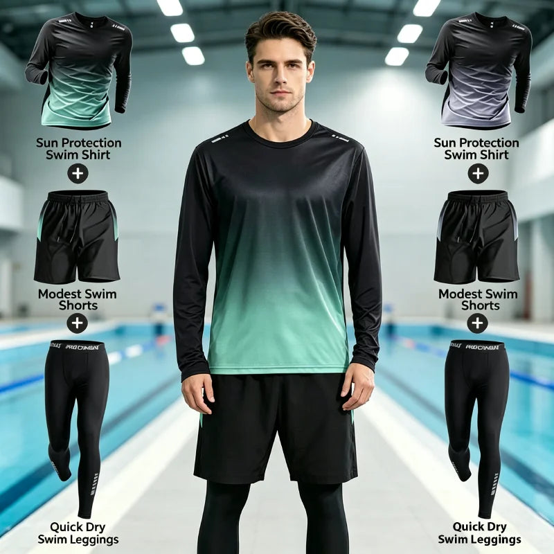 Men's Sun-Protective Quick-Drying Long-Sleeve Swimsuit Set with Long Pants Sports Fitness Running Outfit 1/2/3 Piece Options