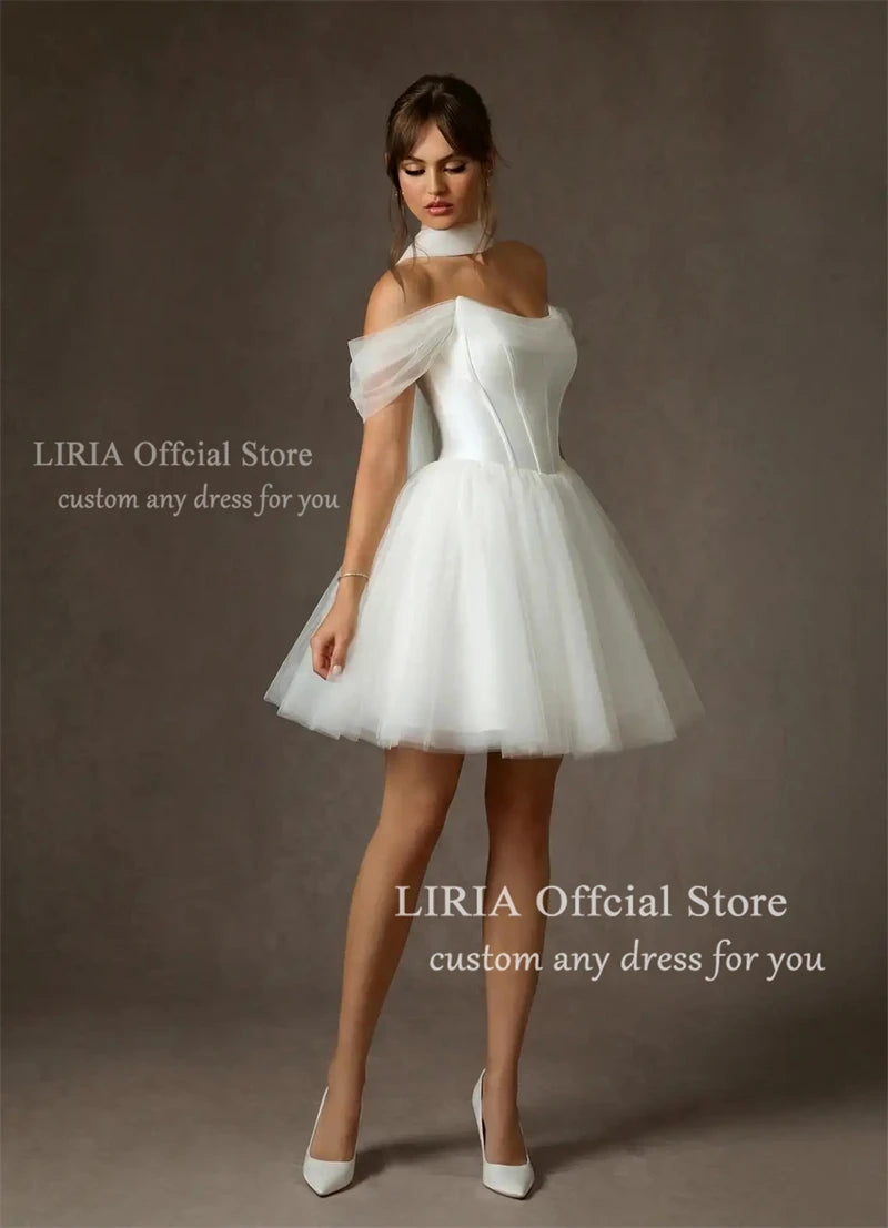 LIRIA Chic Short Wedding Dress for Bride Off the Shoulder Corset Mini Wedding Gowns White A Line Lace Up Elegant Bridal Dresses
