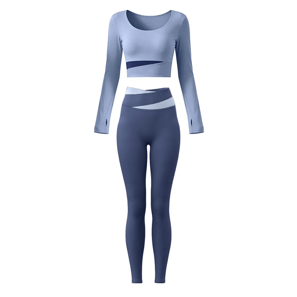 2 Piece Sets Women Quick-Dry Sports Set O-Neck Long Sleeve Top Pants Running Fitness Workout Athletic Wear Tracksuit Sportswear