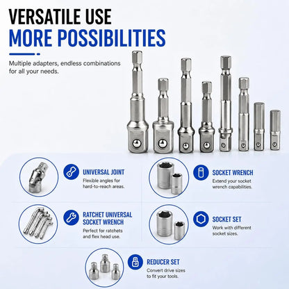 8Pcs Impact Socket Adapter Set, 1/4 3/8 1/2 Hex Shank Square Nut Driver Extension Bit Set for Power Drill Impact Driver Tool