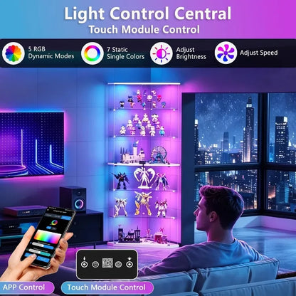 6-Tier Corner RGB LED Glass Display Cabinet with Human Sensor