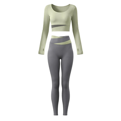 2 Piece Sets Women Quick-Dry Sports Set O-Neck Long Sleeve Top Pants Running Fitness Workout Athletic Wear Tracksuit Sportswear