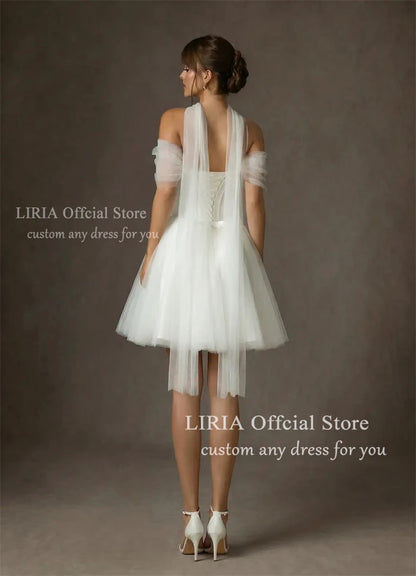 LIRIA Chic Short Wedding Dress for Bride Off the Shoulder Corset Mini Wedding Gowns White A Line Lace Up Elegant Bridal Dresses
