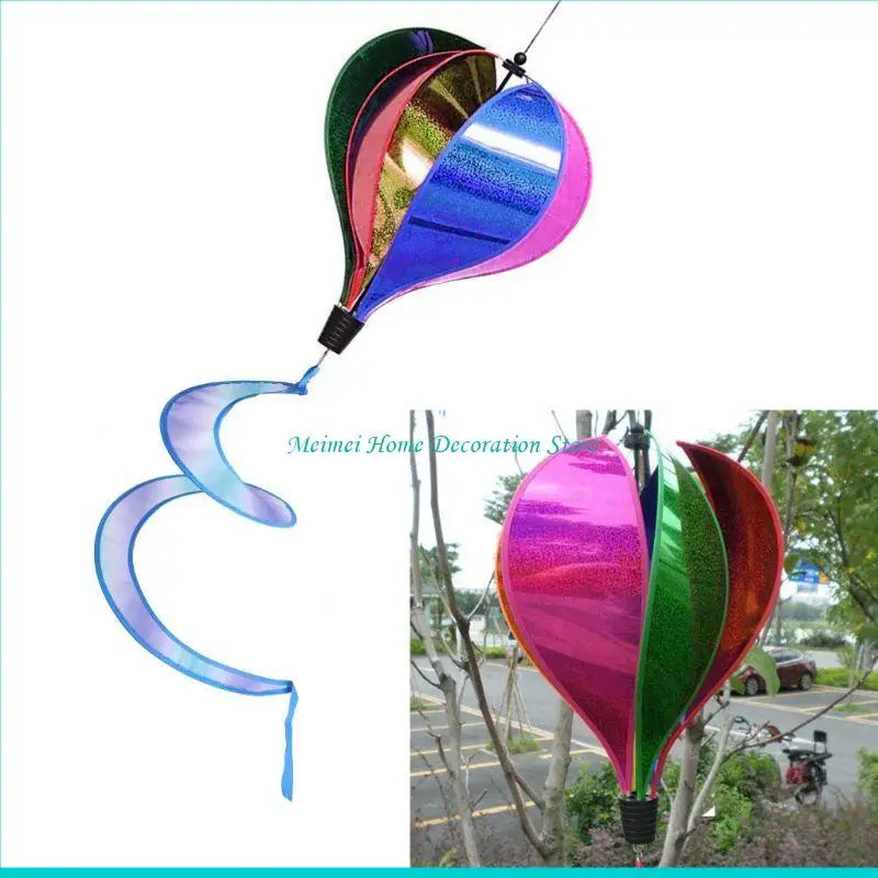 H7BF Rainbow Hot Balloon Sequins Windsock Striped Wind Spinner Outdoor Decor