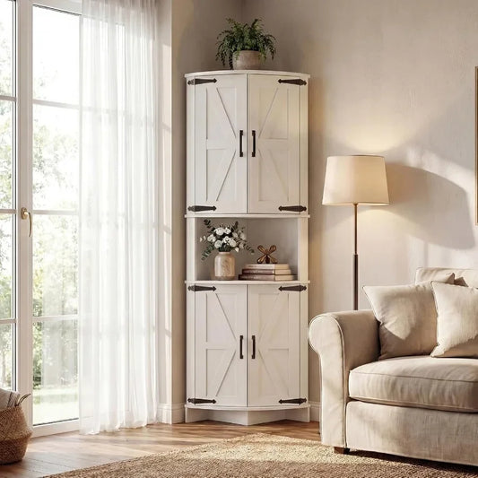 64.8 Tall Corner Cabinet with Doors for kitchen use, MDF material, white finish, soft-close hinges and adjustable shelves