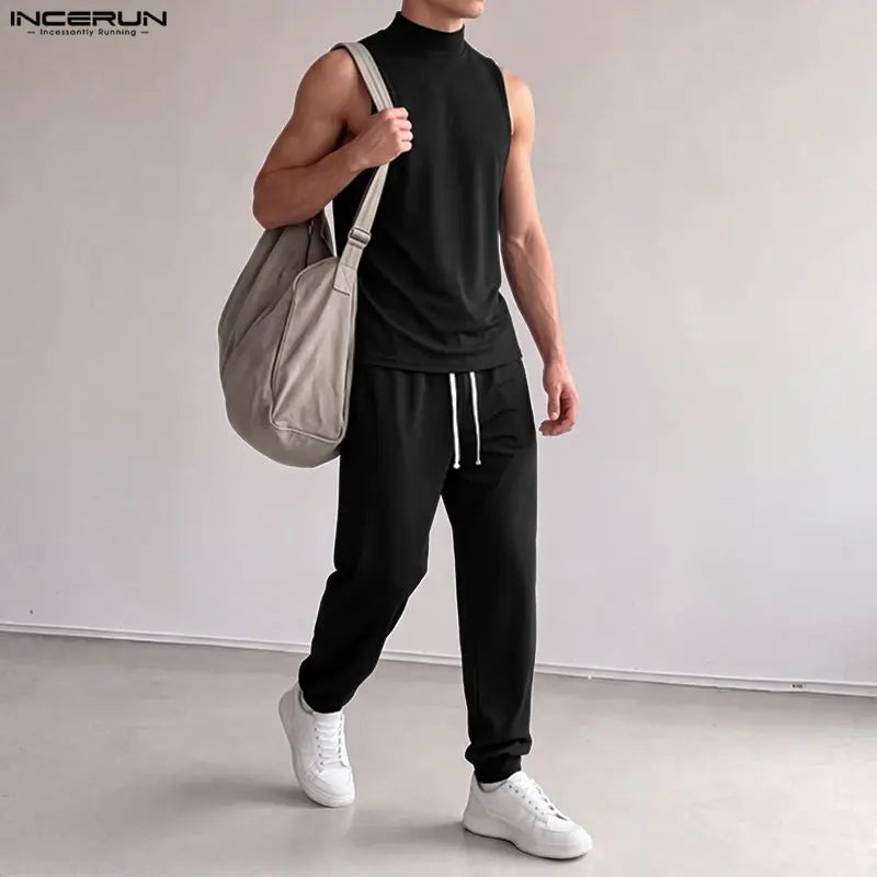 INCERUN Men Sets Solid Color Turtleneck Sleeveless Tank Tops Pants Two Piece Sets Streetwear Casual Men Matching Sets Tracksuits