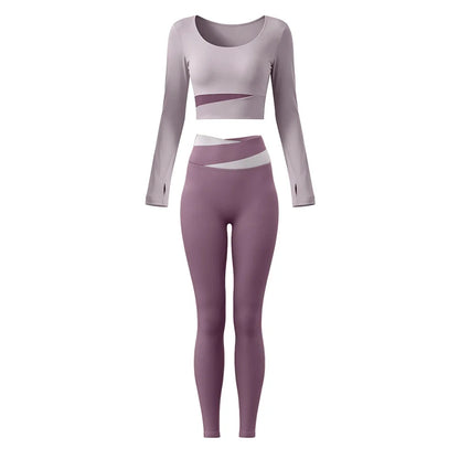 2 Piece Sets Women Quick-Dry Sports Set O-Neck Long Sleeve Top Pants Running Fitness Workout Athletic Wear Tracksuit Sportswear