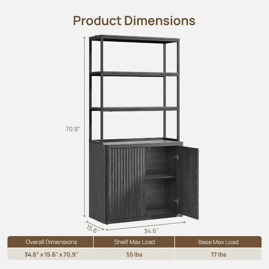 71 Tall Book Shelf with Doors, 5 Tier Bookcase for Living Room, Engineered Wood, White, Space-Saving Design with Adjustable She