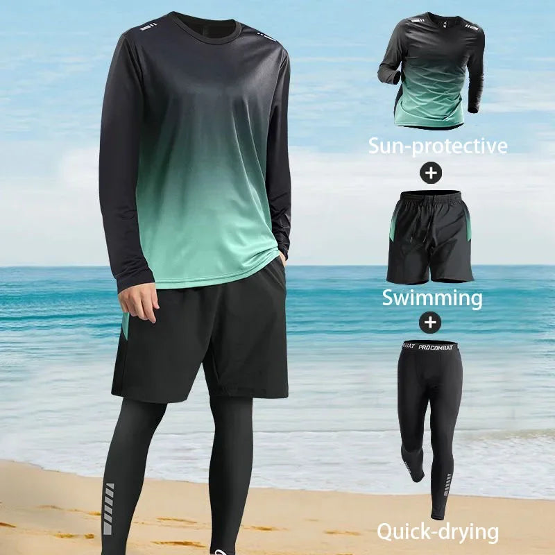 Men's Sun-Protective Quick-Drying Long-Sleeve Swimsuit Set with Long Pants Sports Fitness Running Outfit 1/2/3 Piece Options