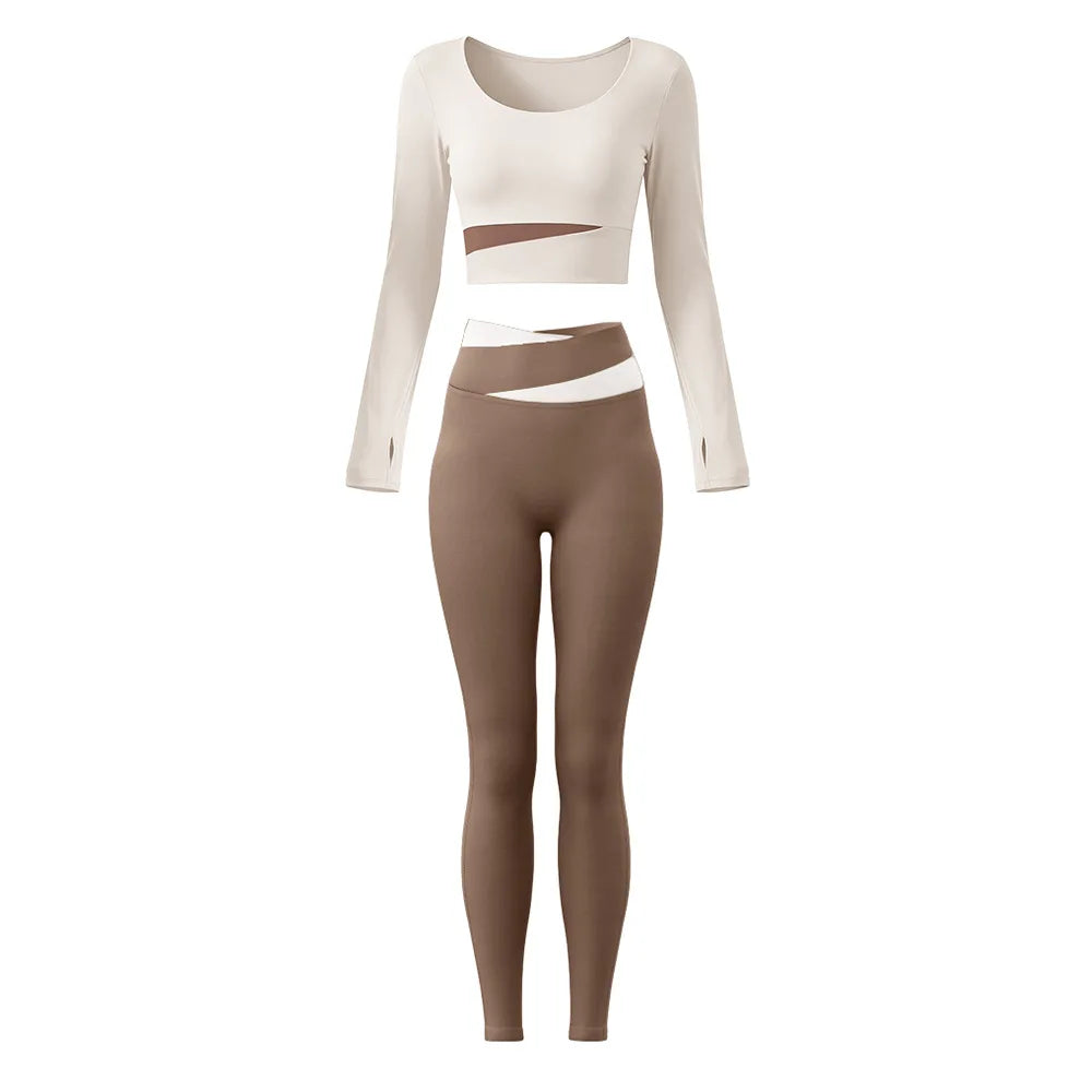 2 Piece Sets Women Quick-Dry Sports Set O-Neck Long Sleeve Top Pants Running Fitness Workout Athletic Wear Tracksuit Sportswear