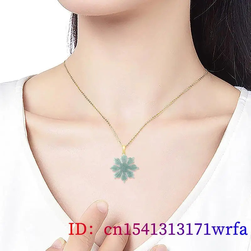 Myanmar Jade Sunflower Pendant Necklace Real Burmese Jadeite Amulet Natural Jewelry Carved Fashion 18K Gold Plated Choker
