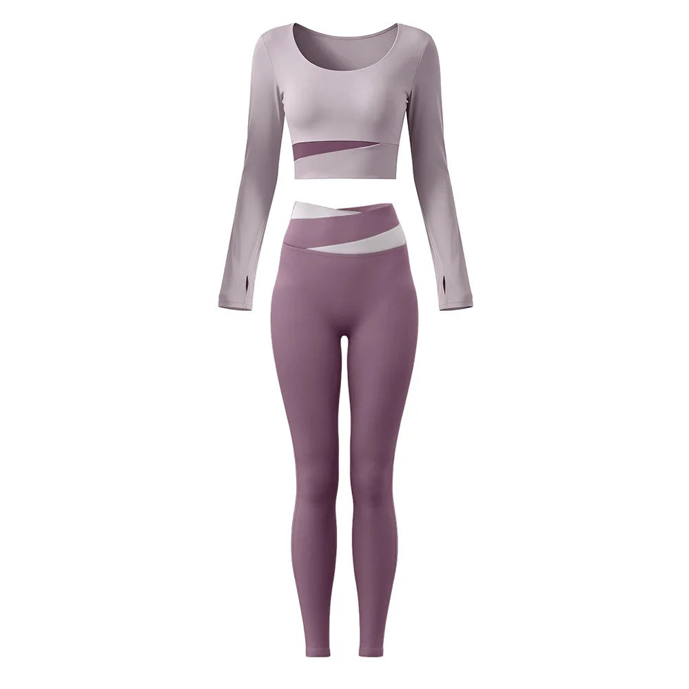 2 Piece Sets Women Quick-Dry Sports Set O-Neck Long Sleeve Top Pants Running Fitness Workout Athletic Wear Tracksuit Sportswear