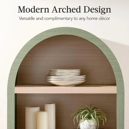 72" Tall Arched Pantry Cabinet w/Reeded Doors, 5-Tier Bookshelf, Armoire, Hutch, Bookcase, Storage Cabinet w/Adjustable Shelves