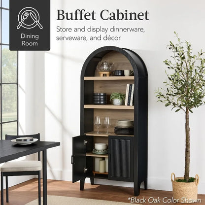 72" Tall Arched Pantry Cabinet w/Reeded Doors, 5-Tier Bookshelf, Armoire, Hutch, Bookcase, Storage Cabinet w/Adjustable Shelves
