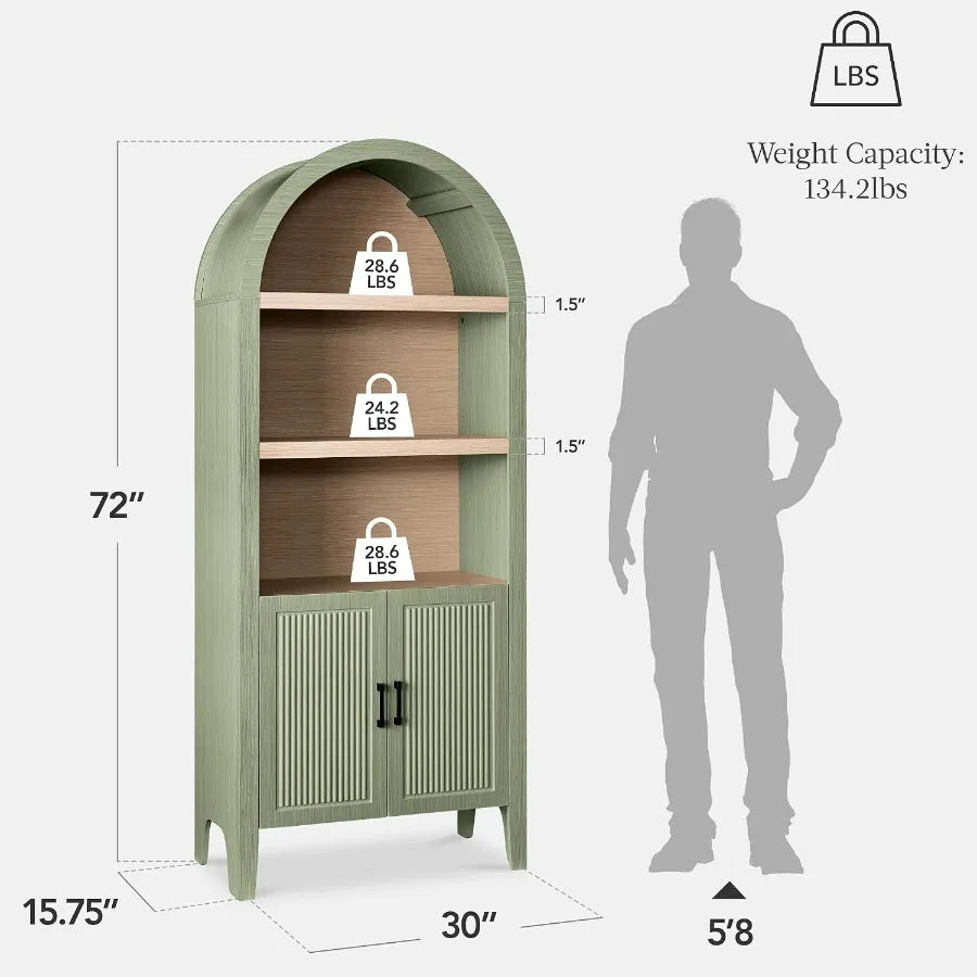 72" Tall Arched Pantry Cabinet w/Reeded Doors, 5-Tier Bookshelf, Armoire, Hutch, Bookcase, Storage Cabinet w/Adjustable Shelves