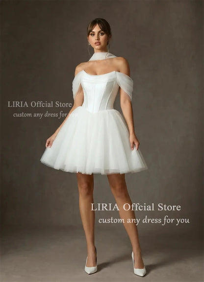 LIRIA Chic Short Wedding Dress for Bride Off the Shoulder Corset Mini Wedding Gowns White A Line Lace Up Elegant Bridal Dresses