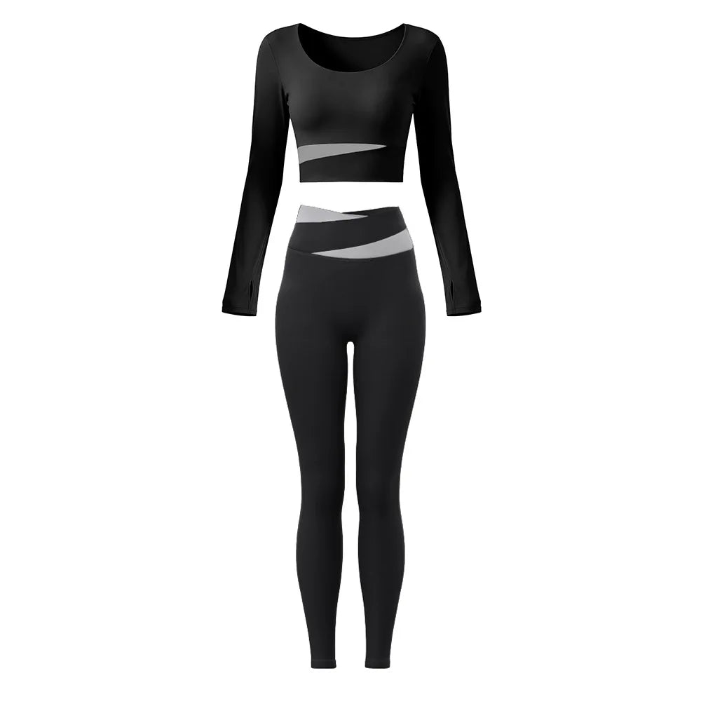 2 Piece Sets Women Quick-Dry Sports Set O-Neck Long Sleeve Top Pants Running Fitness Workout Athletic Wear Tracksuit Sportswear