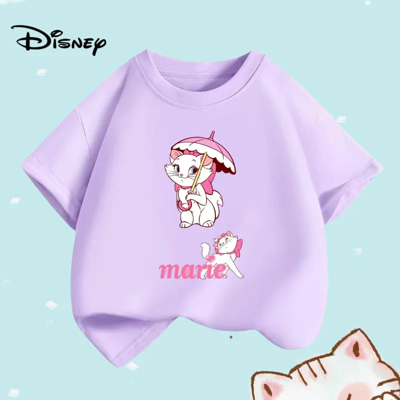 Summer Baby Girls Solid Clothes Kid Disney Marie Cat Printed Short Sleeve T-shirts Children Cartoon O-Neck Soft Breathable Top