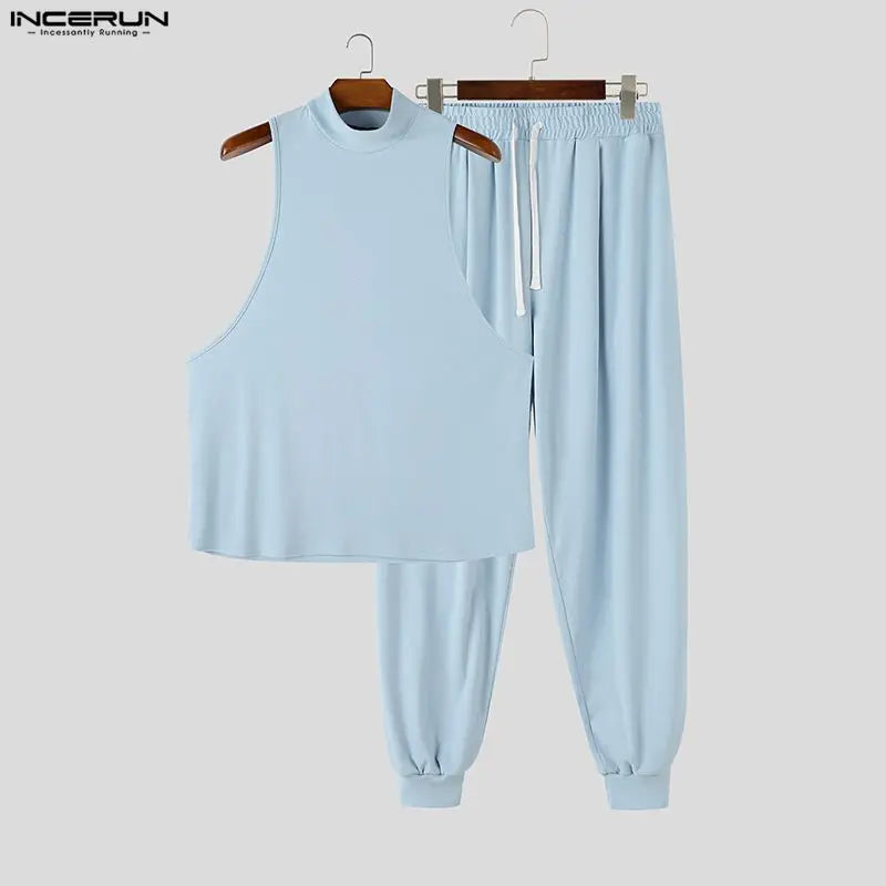 INCERUN Men Sets Solid Color Turtleneck Sleeveless Tank Tops Pants Two Piece Sets Streetwear Casual Men Matching Sets Tracksuits